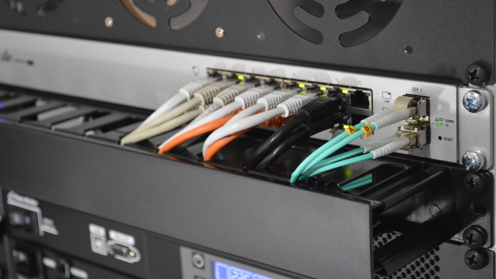 Black network switch with cables